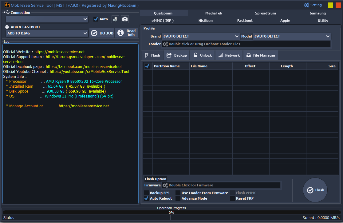 MobileSea Service Tool interface